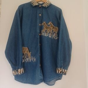 Dressbarn Shirt Womens 14-16 Denim Zebra Embroidery Button Long Sleeve